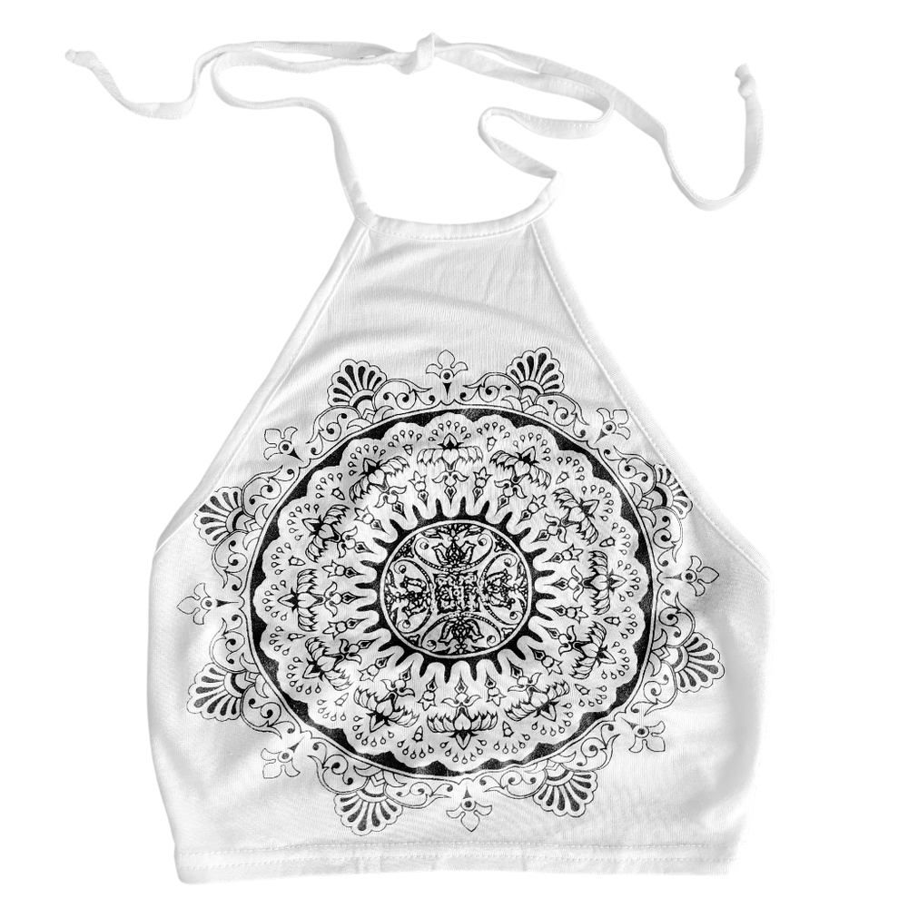 Boohoo NWT White and Black Tribal Mandala Rave Crop Top Women's Size 2